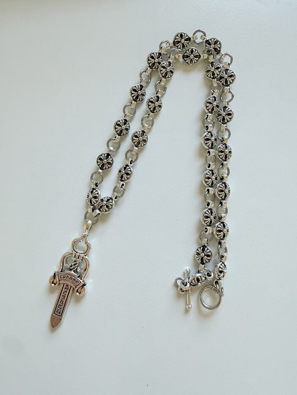 CH style chrome silver cross sword dagger necklace 60cm